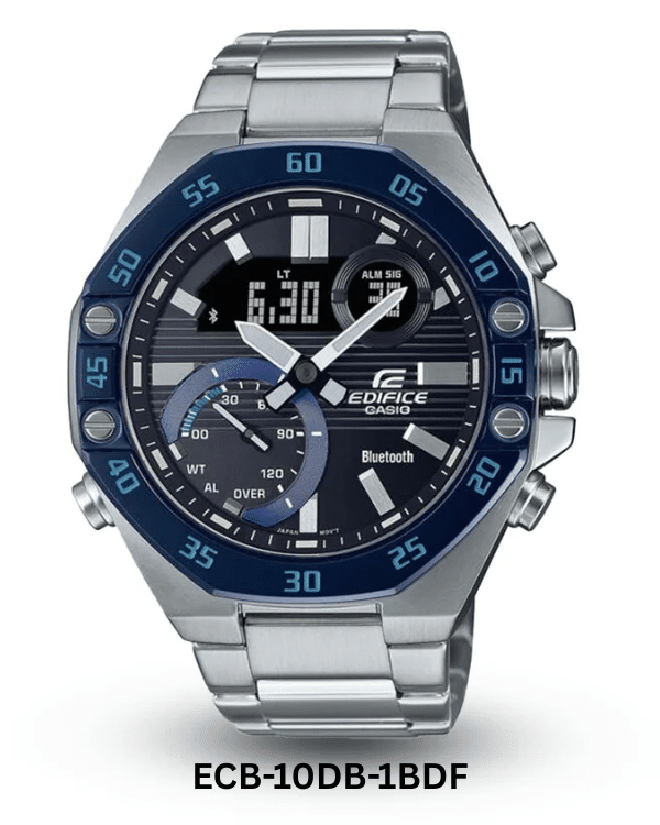 CASIO EDIFICE MENS WATCH ECB-10DB-1BDF BLACK DIAL SILVER STAINLESS STEEL CHAIN ANALOG AND DIGITAL MEN's WATCH