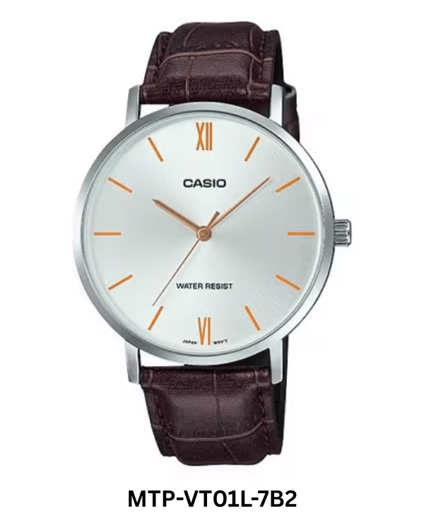 CASIO MTP-VT01L-7B2 SILVER DIAL BROWN LEATHER STRAP WATCH