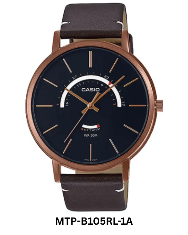CASIO MTP-B105RL-1A – BLACK DIAL ROSE GOLD WATCH WITH LEATHER