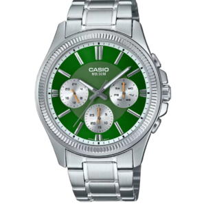 CASIO MTP-1375D-3AV MULTI-DIAL GREEN DISPLAY SILVER STAINLESS STEEL MEN'S WATCH - Image 1