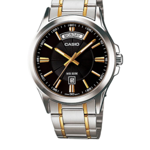 CASIO MTP-1381G-1AV BLACK DIAL TWO-TONE STAINLESS STEEL MEN'S DAY-DATE WATCH - Image 1