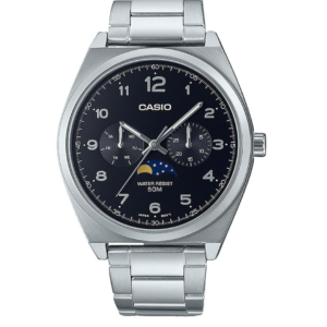 CASIO MTP-M300D-1A BLACK DIAL MOON PHASE SILVER STAINLESS STEEL MEN'S WATCH - Image 1
