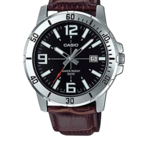 CASIO MTP-VD01L-1BV BLACK DIAL BROWN LEATHER STRAP MEN'S ANALOG WATCH - Image 1