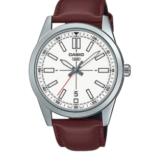 CASIO MTP-VD02L-7E WHITE DIAL BROWN LEATHER STRAP MEN'S WATCH - Image 1