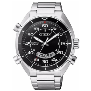 Citizen JM5470-58E Men’s Premium Sports Dress Watch – Tactical Black Dial with Luminous Radium Hands & All-Silver Steel Bracelet - Image 1