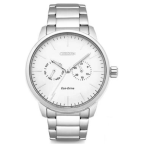 Citizen AO9040-52A Men’s Premium Eco-Drive Watch – Crisp White Dial with Symmetrical Day-Date Scales & Sleek Silver Bracelet - Image 1