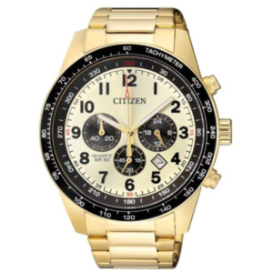 Citizen AN8162-57P Men’s Premium Chronograph Watch – Champagne Golden Dial with Bold Black Bezel & Luxury All-Golden Bracelet - Image 1