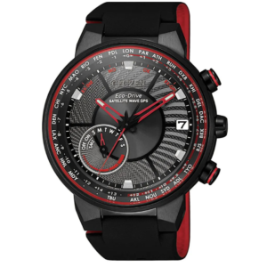 Citizen CC3079-11E Men’s Premium Satellite Wave GPS Watch – Stealth All-Black Dial with Sporty Red Accents & Rubber Strap - Image 1