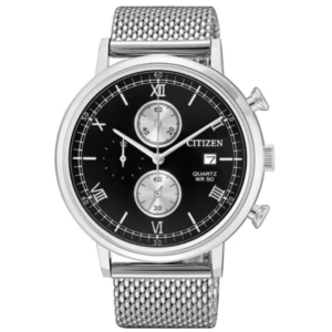 Citizen AN360-80E Men’s Premium Chronograph Watch – Deep Black Dial with Sleek Silver Steel Mesh Chain Bracelet - Image 1