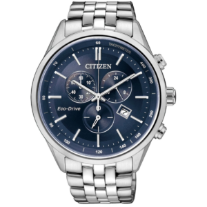 Citizen AT2140-55L GENTS ECO-DRIVE Chronograph Watch – BLACK & BLUE DAIL with ALL SILVER SS CHAIN - Image 1