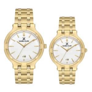 Daniel Klein DK.1.13908-3 Premium His & Hers Pair Watches – Elegant Light Pink Dials with Solid All-Gold Steel Bracelets - Image 1