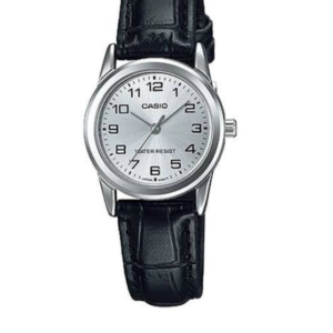CASIO LTP-V001L-7BU WOMEN'S SILVER DIAL BLACK LEATHER STRAP ANALOG QUARTZ WATCH - Image 1