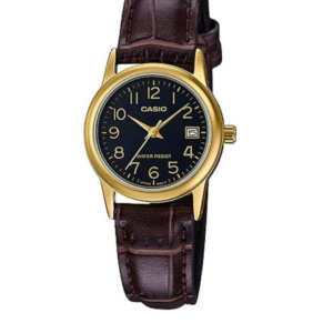 CASIO LTP-V002GL-1BU WOMEN'S BLACK DIAL GOLD-TONE LEATHER STRAP ANALOG WATCH - Image 1