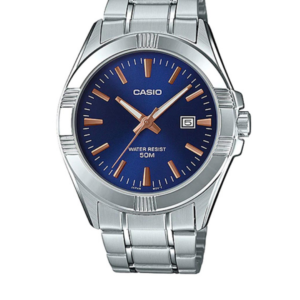 CASIO MTP-1308D-2AVD SILVER STAINLESS STEEL BLUE DIAL MEN'S ANALOG DATE WATCH - Image 1