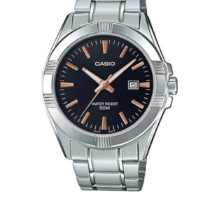 CASIO MTP-1308D-1A2V SILVER STAINLESS STEEL BLACK DIAL MEN'S ANALOG DATE WATCH - Image 1