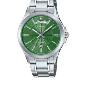CASIO MTP-1381D-3AV MEN'S STAINLESS STEEL GREEN DIAL DAY-DATE ANALOG WATCH - Image 1