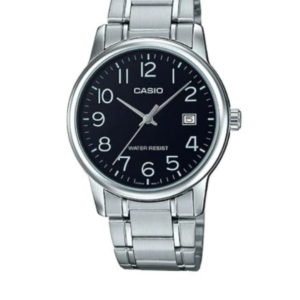 CASIO MTP-V002D-1BUD SILVER STAINLESS STEEL BLACK DIAL MEN'S ANALOG DATE WATCH - Image 1