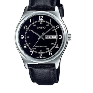 CASIO MTP-V006L-1B2 BLACK LEATHER STRAP BLACK DIAL MEN'S WATCH - Image 1