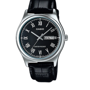 CASIO MTP-V006L-1BUD MEN'S ROMAN BLACK DIAL BLACK LEATHER STRAP ANALOG WATCH - Image 1