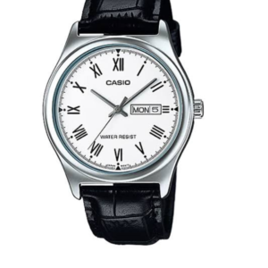 CASIO MTP-V006L-7BUD MEN'S ROMAN WHITE DIAL BLACK LEATHER STRAP ANALOG WATCH - Image 1