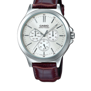 CASIO MTP-V300L-7AU MEN'S SILVER DIAL BROWN LEATHER STRAP MULTI-FUNCTION ANALOG WATCH - Image 1