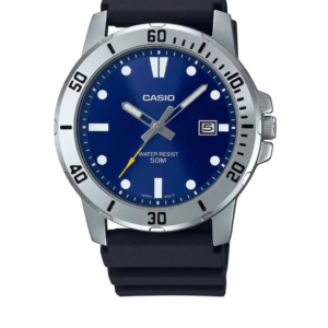 CASIO MTP-VD01-2EU MEN'S STAINLESS STEEL BLUE DIAL BLACK RESIN STRAP ANALOG WATCH - Image 1