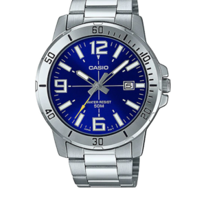 CASIO MTP-VD01D-2BVUD SILVER STAINLESS STEEL BLUE DIAL MEN'S ANALOG DATE WATCH - Image 1