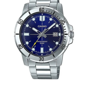 CASIO MTP-VD01D-2EVU SILVER STAINLESS STEEL BLUE DIAL MEN'S ANALOG DATE WATCH - Image 1