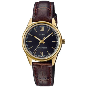 Casio LTP-V005GL-1B2 LADIES Watch – BLACK DIAL with Golden Bezel & Premium Genuine Brown Leather Strap - Image 1