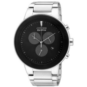 CITIZEN AT2240-51E GENTS Watch – Bold Black Dial Eco-Drive Chronograph with All Silver Chain - Image 1