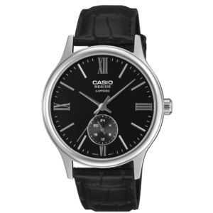 CASIO BMS-100L-1A GENTS Watch – Beside Collection Black Dial with Genuine Black Leather Strap & Silver Bezel - Image 1