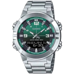 CASIO AMW-870DA-3A GENTS Watch – Analog-Digital Green Gradient Dial with All Silver Stainless Steel Chain - Image 1