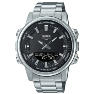 CASIO AMW-880D-1A GENTS Watch – Enticer Analog-Digital Black Dial with All Silver Stainless Steel Chain - Image 1