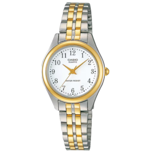 CASIO LTP-1129G-7A LADIES Watch – Minimalist Analog White Dial with Two-Tone Silver & Golden Stainless Steel Chain - Image 1