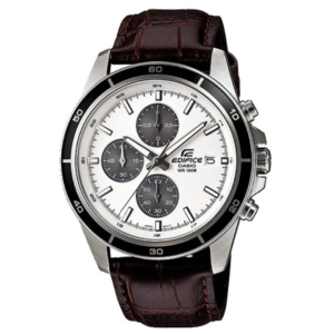 Casio EFR-526L-7A GENTS Watch – ALL SILVER DIAL with Premium BROWN LEATHER STRAP Design - Image 1