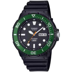 Casio MRW-230H-1E3 GENTS Watch – BLACK DIAL & GREEN BEZEL with Durable Black Resin Strap - Image 1