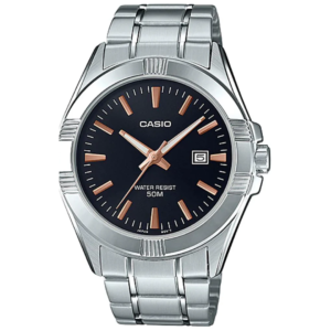 Casio MTP-1308D-1A2 GENTS Watch – BLACK DIAL with Premium ALL SILVER CHAIN Design - Image 1