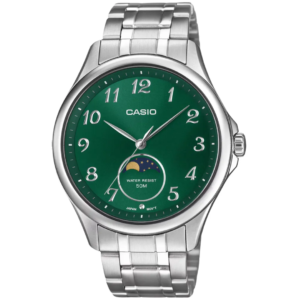 Casio MTP-M110D-3A GENTS Watch – GREEN DIAL MOON PHASE with Premium ALL SILVER CHAIN Design - Image 1