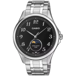 Casio MTP-M110D-1A GENTS Watch – BLACK DIAL MOON PHASE with Premium ALL SILVER CHAIN Design - Image 1