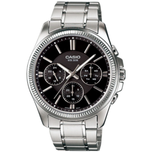 Casio MTP-1375D-1A GENTS Watch – BLACK DIAL with Premium ALL SILVER CHAIN Design - Image 1