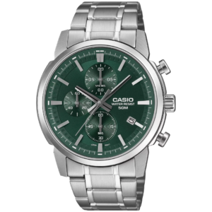 Casio MTP-E510D-3A GENTS Watch – GREEN DIAL CHRONOGRAPH with Premium ALL SILVER CHAIN Design - Image 1