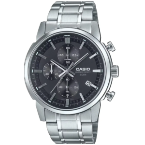 Casio MTP-E510D-1A1 GENTS Watch – BLACK DIAL CHRONOGRAPH with Premium ALL SILVER CHAIN Design - Image 1