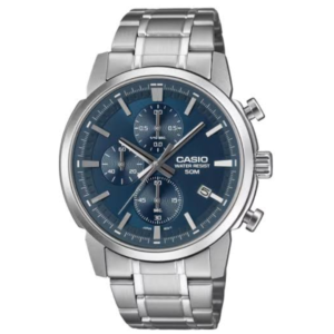 Casio MTP-E510D-2A2 GENTS Watch – BLUE DIAL CHRONOGRAPH with Premium ALL SILVER CHAIN Design - Image 1