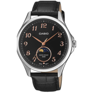 Casio MTP-M110L-1A GENTS Watch – BLACK DIAL MOON PHASE with Premium BLACK LEATHER STRAP Design - Image 1
