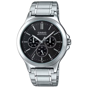 Casio MTP-V300S-1A2 GENTS Watch – BLACK DIAL with GOLDEN ACCENTS & Premium ALL SILVER CHAIN Design - Image 1