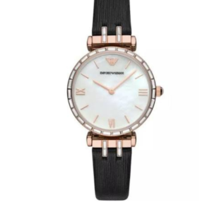 EMPORIO ARMANI AR11295 GIANNI T-BAR MOTHER-OF-PEARL DIAL BLACK LEATHER QUARTZ WOMEN'S WATCH - Image 1