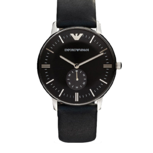 EMPORIO ARMANI AR0382 BLACK LEATHER STRAP BLACK DIAL QUARTZ MEN'S WATCH - Image 1