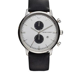 EMPORIO ARMANI AR0385 BLACK LEATHER STRAP SILVER DIAL CHRONOGRAPH MEN'S WATCH - Image 1