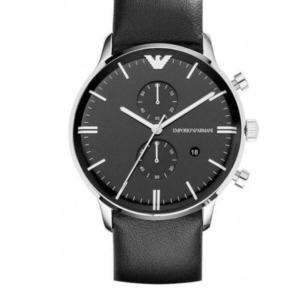 EMPORIO ARMANI AR0397 CLASSIC BLACK LEATHER STRAP BLACK DIAL CHRONOGRAPH QUARTZ MEN'S WATCH - Image 1