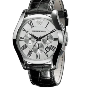 EMPORIO ARMANI AR0669 CLASSIC BLACK LEATHER STRAP SILVER DIAL CHRONOGRAPH QUARTZ MEN'S WATCH - Image 1